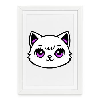 Cat Head Pink Eyes White Kitty Cute Kawaii Pink - Framed poster (27 × 37 cm) - white - Front