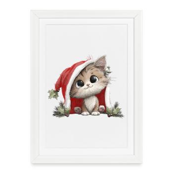 Kitten in Red Christmas Hat Christmas Cat - Framed poster (27 × 37 cm) - white - Front