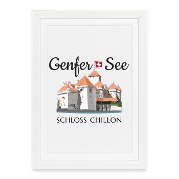 Lac Léman Château de Chillon, Suisse Dessin à la main - Affiche encadrée (27 × 37 cm) - blanc - Devant