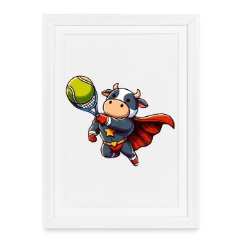Vache super-héroïne jouant au tennis avec une raquette - Affiche encadrée (27 × 37 cm) - blanc - Devant