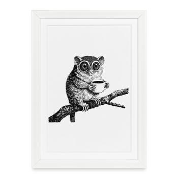 Tarsier au café - Affiche encadrée (27 × 37 cm) - blanc - Devant