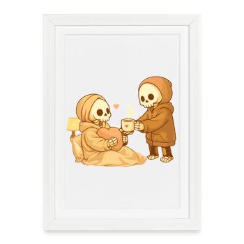 Un squelette douillet apporte le thé – Petit geste, beaucoup de cœur - Affiche encadrée (27 × 37 cm) - blanc - Devant