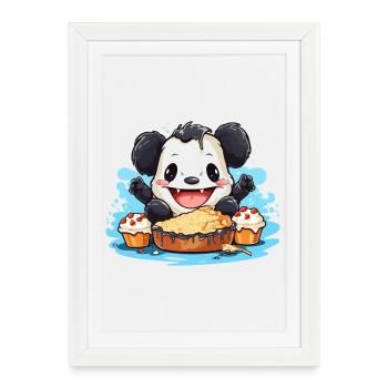 Panda de Kawaii avec festin de gâteau - Affiche encadrée (27 × 37 cm) - blanc - Devant
