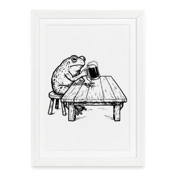 Grenouille drôle boit de la bière - Affiche encadrée (27 × 37 cm) - blanc - Devant