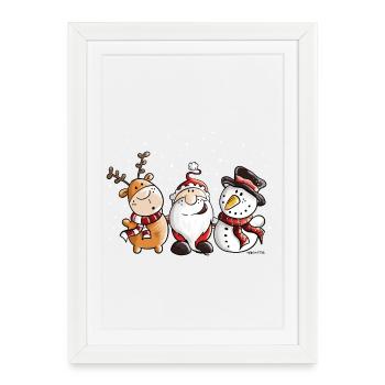 Père Noël, renne et bonhomme de neige - Affiche encadrée (27 × 37 cm) - blanc - Devant