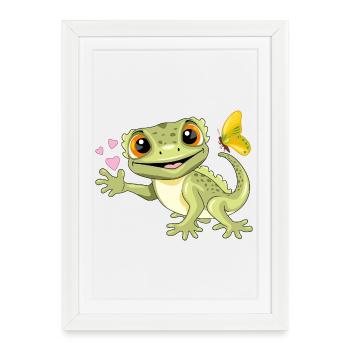 Gecko souriant drôle avec papillon et coeurs - Affiche encadrée (27 × 37 cm) - blanc - Devant