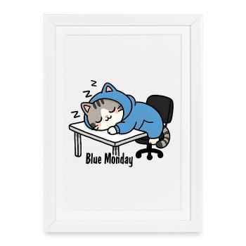 Chat dormant au travail, blue monday - Affiche encadrée (27 × 37 cm) - blanc - Devant