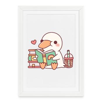 Le canard blanc mignon adore lire des livres - Affiche encadrée (27 × 37 cm) - blanc - Devant