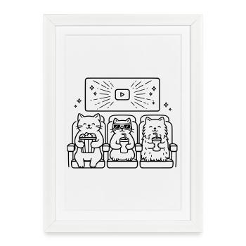 Katzen Kino Line Art - Gerahmtes Poster (27 × 37 cm) - Weiß - Vorne