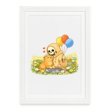 Squelette douillet avec chat sur la prairie fleurie - Affiche encadrée (27 × 37 cm) - blanc - Devant