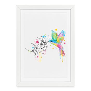 Colibri coloré avec fleur – style graffiti - Affiche encadrée (27 × 37 cm) - blanc - Devant