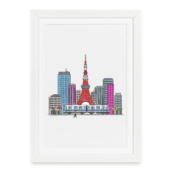 Skyline de la ville de Tokyo Tokyo Tower Retro Art du badge - Affiche encadrée (27 × 37 cm) - blanc - Devant
