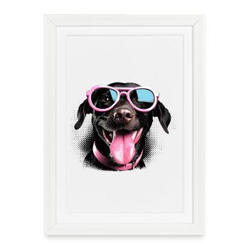 Motif rétro canin – Lunettes de soleil roses, demi-teinte - Affiche encadrée (27 × 37 cm) - blanc - Devant