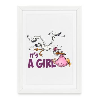 Cigogne avec une petite fille ; « C’est une fille » - Affiche encadrée (27 × 37 cm) - blanc - Devant