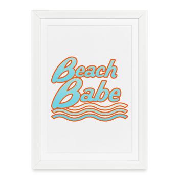 Typographie des vagues néon Beach Babe - Affiche encadrée (27 × 37 cm) - blanc - Devant