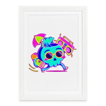 Squelette néon avec une ambiance rétro de fête - Affiche encadrée (27 × 37 cm) - blanc - Devant