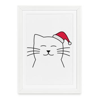 Chat Père Noël Père Noël cadeau de Noël - Affiche encadrée (27 × 37 cm) - blanc - Devant