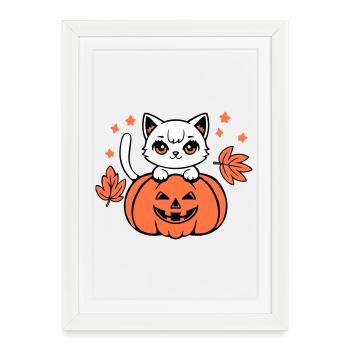 Autumn Cat White Pumpkin Maple Leaf Cute Halloween - Framed poster (27 × 37 cm) - white - Front