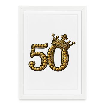 50 doré avec couronne – Motif d’anniversaire noble - Affiche encadrée (27 × 37 cm) - blanc - Devant
