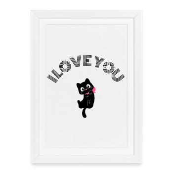 Cute Black Cat I Love You Retro Pink Bow Valentine - Framed poster (27 × 37 cm) - white - Front