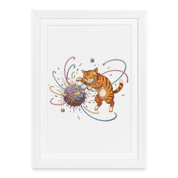 Jeu du chat avec une pelote de laine colorée - Affiche encadrée (27 × 37 cm) - blanc - Devant