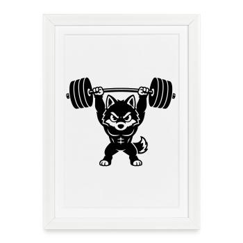 Le loup musclé soulève un haltère lourd - Affiche encadrée (27 × 37 cm) - blanc - Devant