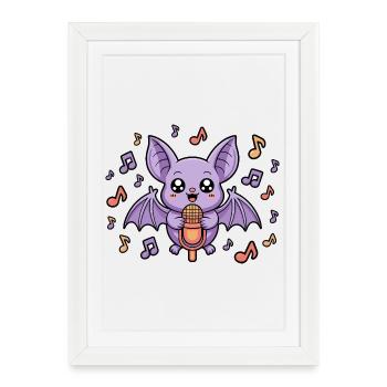 Chauve-souris chantante mignonne avec des notes de musique - Affiche encadrée (27 × 37 cm) - blanc - Devant
