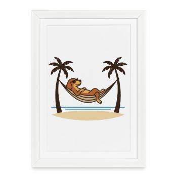 Chien paresseux allongé au soleil sur la plage de palmiers - Affiche encadrée (27 × 37 cm) - blanc - Devant