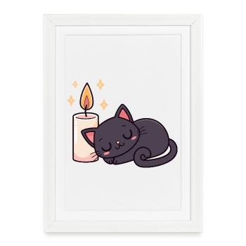 Sleeping black cat and bright candle - Framed poster (27 × 37 cm) - white - Front