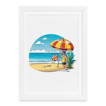Dessin animé de vacances à la plage avec parapluie - Affiche encadrée (27 × 37 cm) - blanc - Devant