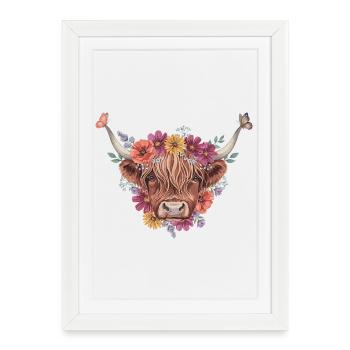 Illustration de couronne de fleurs et tête de vache - Affiche encadrée (27 × 37 cm) - blanc - Devant
