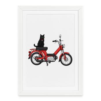 Chat noir sur la moto rouge - Affiche encadrée (27 × 37 cm) - blanc - Devant