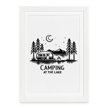 Nuit au clair de lune Campement dans la forêt - Affiche encadrée (27 × 37 cm) - blanc - Devant