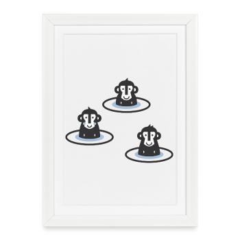 Trois macaques japonais dans l’onsen, il est bleu - Affiche encadrée (27 × 37 cm) - blanc - Devant