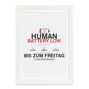 Humour de la batterie humaine à faible consommation de café - Affiche encadrée (27 × 37 cm) - blanc - Devant