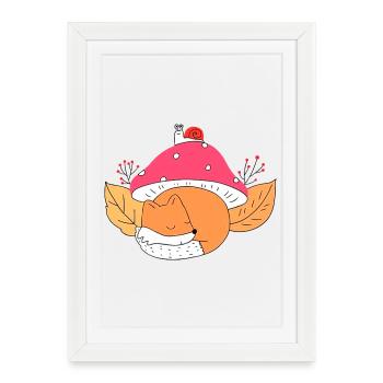 Un renard mignon dormant sous un champignon automne - Affiche encadrée (27 × 37 cm) - blanc - Devant
