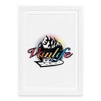Campeurs sur la route avec une typographie Van Life colorée - Affiche encadrée (27 × 37 cm) - blanc - Devant