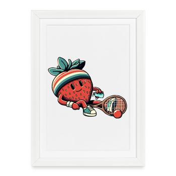 Fraise jouant au tennis avec bandeau rétro - Affiche encadrée (27 × 37 cm) - blanc - Devant