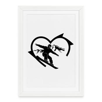 Snowboardeur avec un panorama montagneux et un cœur - Affiche encadrée (27 × 37 cm) - blanc - Devant