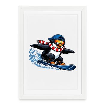 Sports d’hiver Penguin Boarder - Affiche encadrée (27 × 37 cm) - blanc - Devant