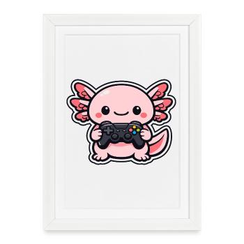 Axolotl de Kawaii avec contrôleur - Affiche encadrée (27 × 37 cm) - blanc - Devant