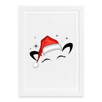 Chat Père Noël Chapeau Étoiles Scintillantes - Affiche encadrée (27 × 37 cm) - blanc - Devant