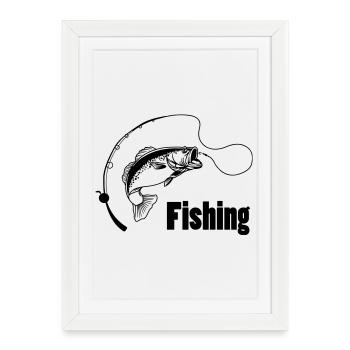 Canne à pêche avec hameçon et poisson - Affiche encadrée (27 × 37 cm) - blanc - Devant
