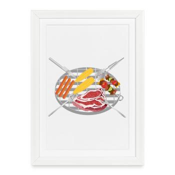 BBQ motif – grill grate with steaks, skewers & accessories - Framed poster (27 × 37 cm) - white - Front