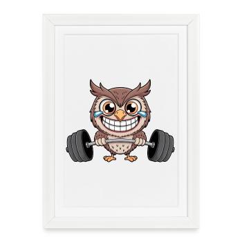 Hibou fort avec haltère haltérophile de fitness - Affiche encadrée (27 × 37 cm) - blanc - Devant