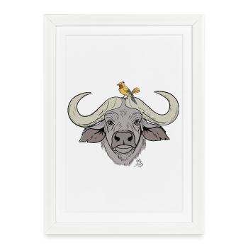 Buffle trapu avec oiseau chanteur - Affiche encadrée (27 × 37 cm) - blanc - Devant