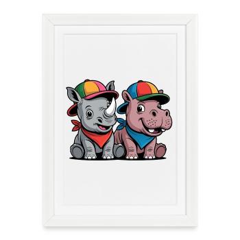 Bébé Rhinocéros & Hippo – Duo d’animaux mignons avec une casquette - Affiche encadrée (27 × 37 cm) - blanc - Devant