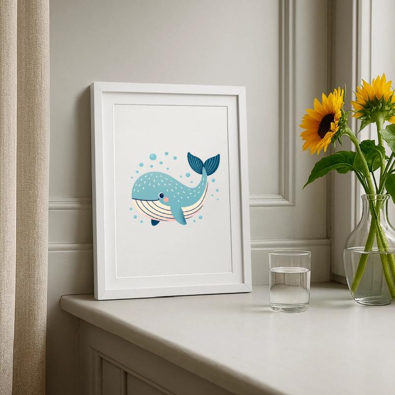 Blue Whale with Bubbles Framed poster (27 × 37 cm)