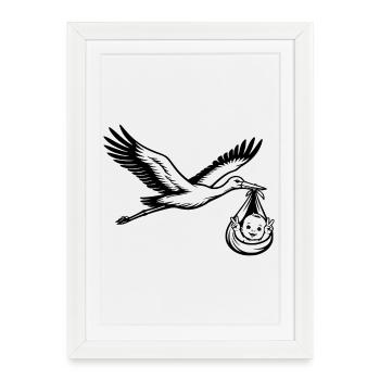 Cigogne avec bébé en tissu Signe de paix noir - Affiche encadrée (27 × 37 cm) - blanc - Devant