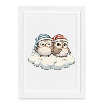 Duo de chouettes nuages avec des chapeaux pointus - Affiche encadrée (27 × 37 cm) - blanc - Devant